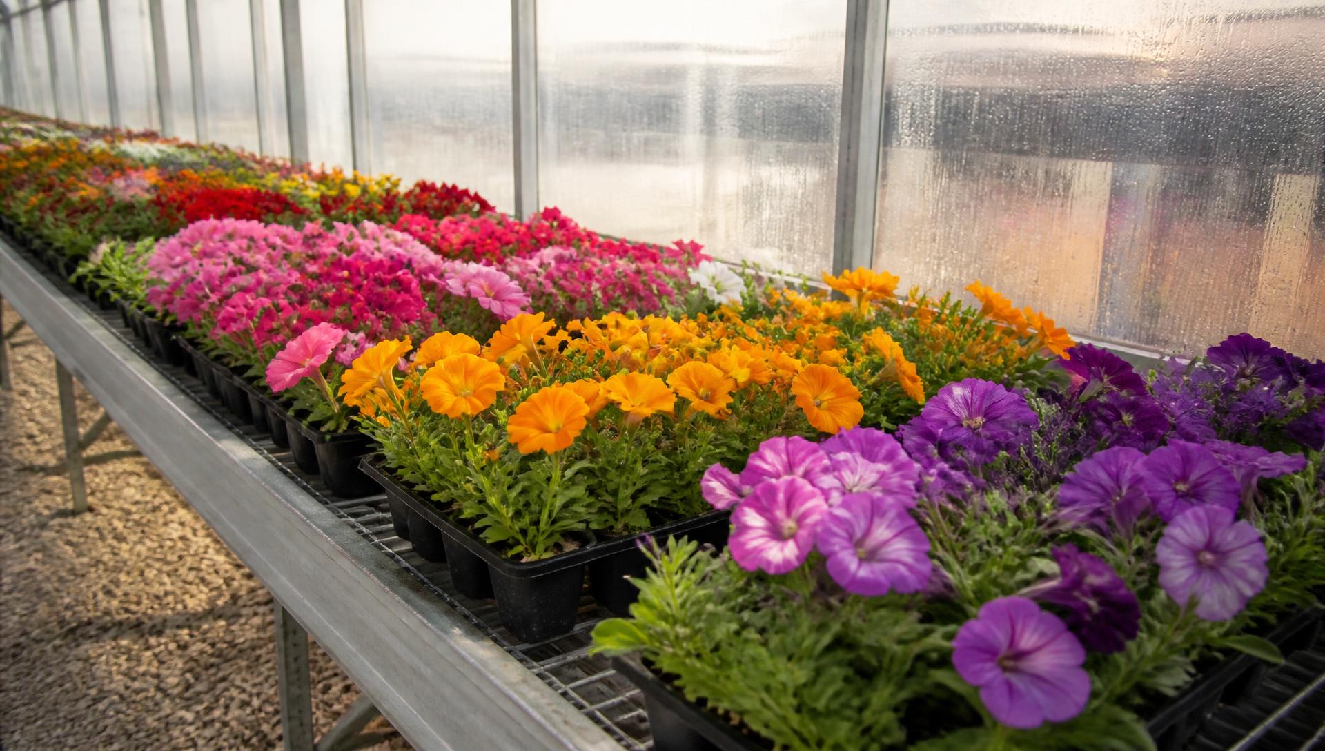 A greenhouse bench running into soft light, packed with trays of flowering bedding annuals